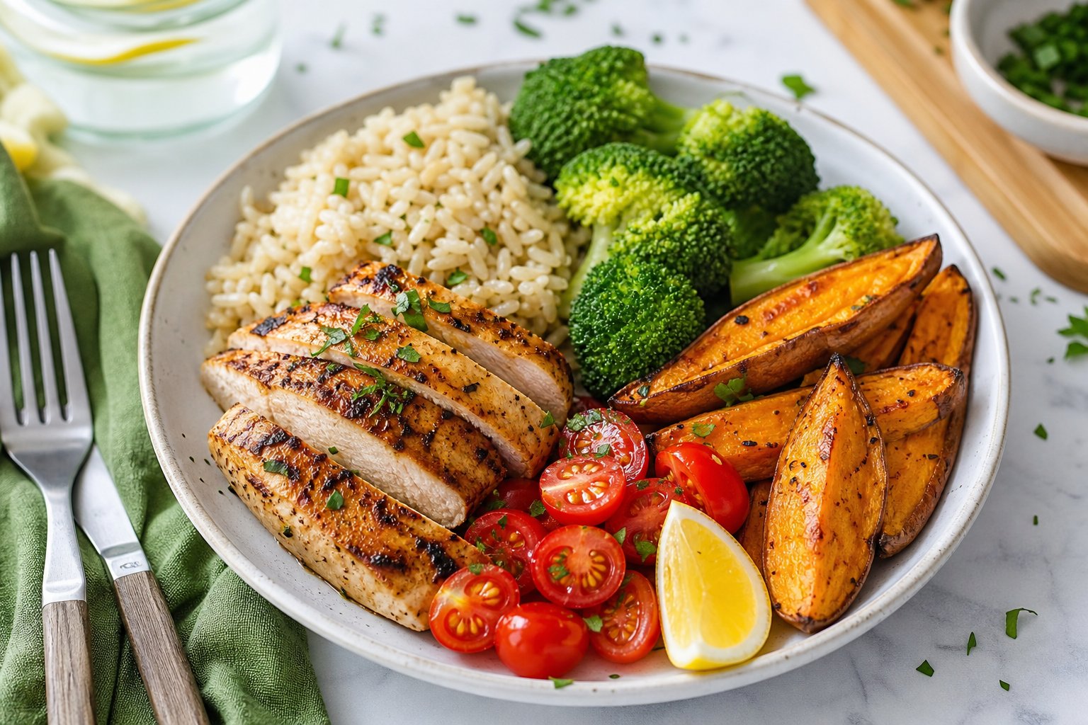 A balanced plate with grilled chicken, brown rice, broccoli and vegetables