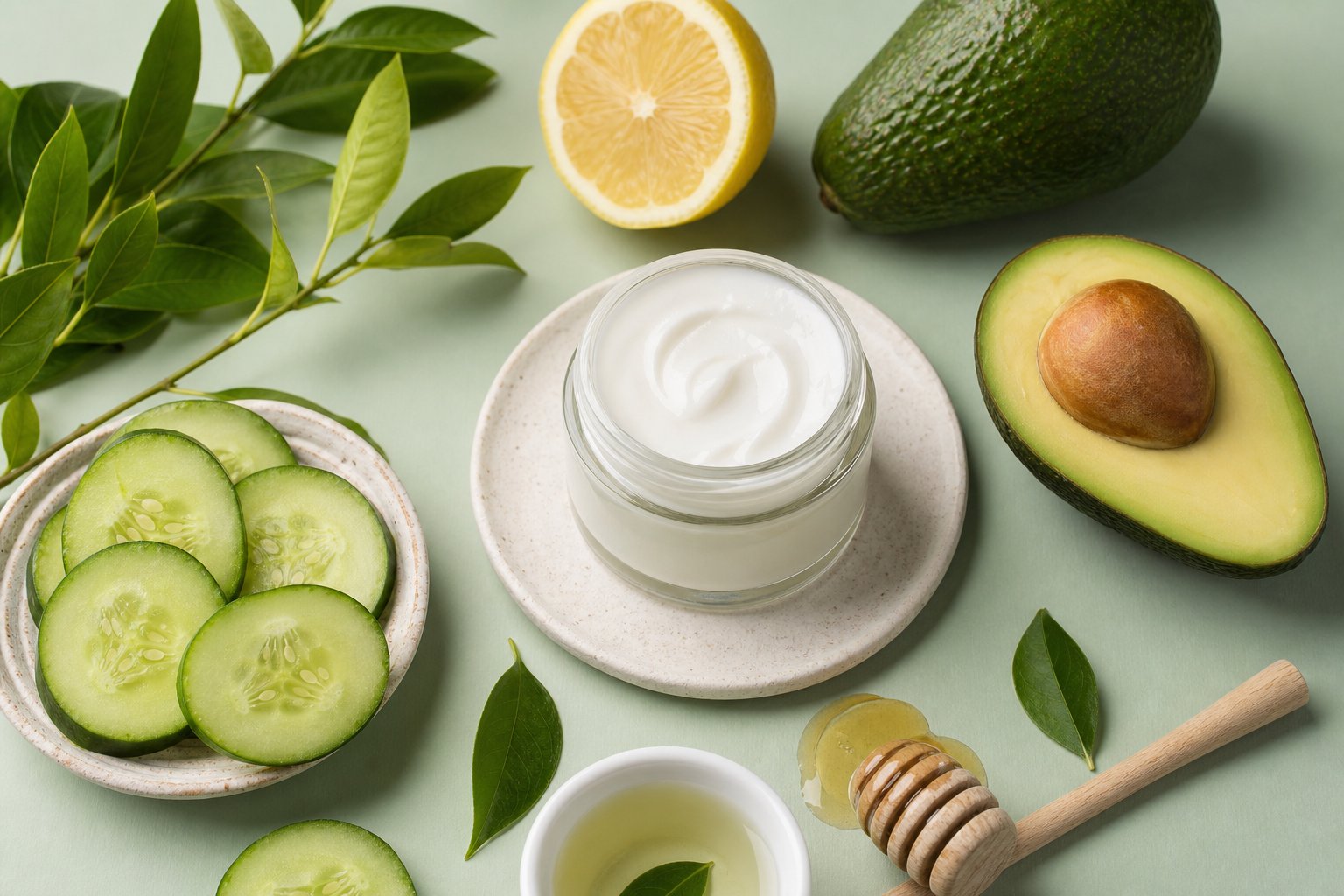 Natural skincare ingredients including cucumber, avocado and honey